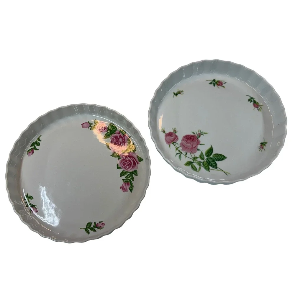 Christineholm Quiche Tart Pans White‎ Pink Rose Floral Fluted Porcelain Set of 2